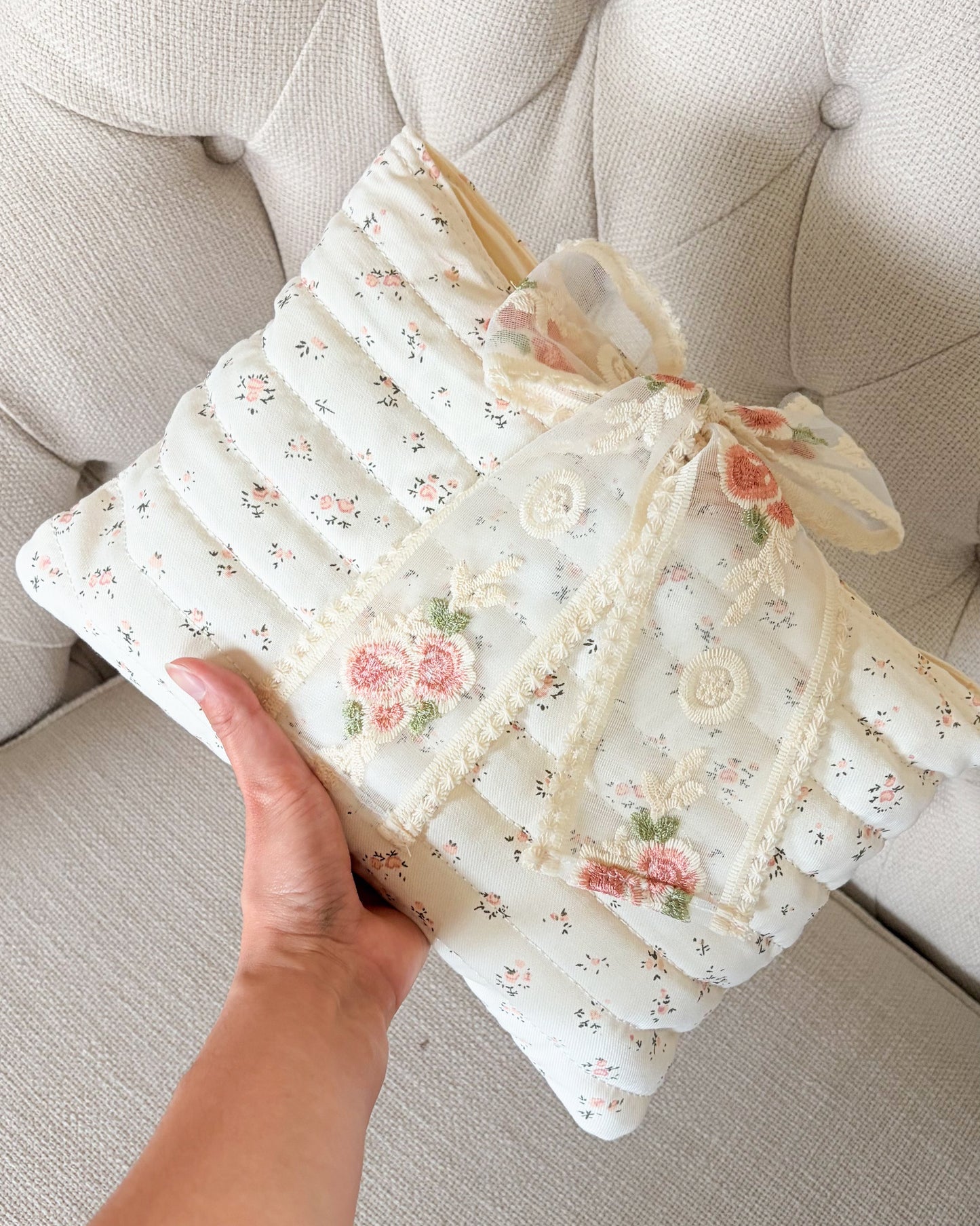 Pink Flower Large Book Sleeve with Lace Ribbon