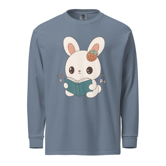 A Bunny Reading Her Book Heavyweight Long Sleeve Shirt - The Bean Workshop - animal shirt, bunny, long sleeve t-shirt, long sleeve tee, read everyday, read more books, short n' sweet, t-shirt, tee shirt