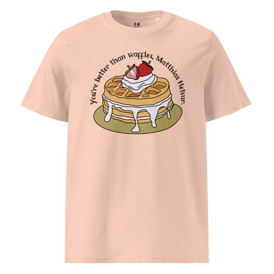 Better Than Waffles T-Shirt - The Bean Workshop - Better than Waffles shirt, Book Lover Gift, Bookish T-shirt, Cozy Aesthetic, Cute Graphic Tee, Grishaverse gift, Helnik, Leigh Bardugo fan apparel, Literary Quote, Matthias Helvar merch for readers, Nina Zenik waffle quote shirt, Six of Crows t-shirt, Waffle Illustration