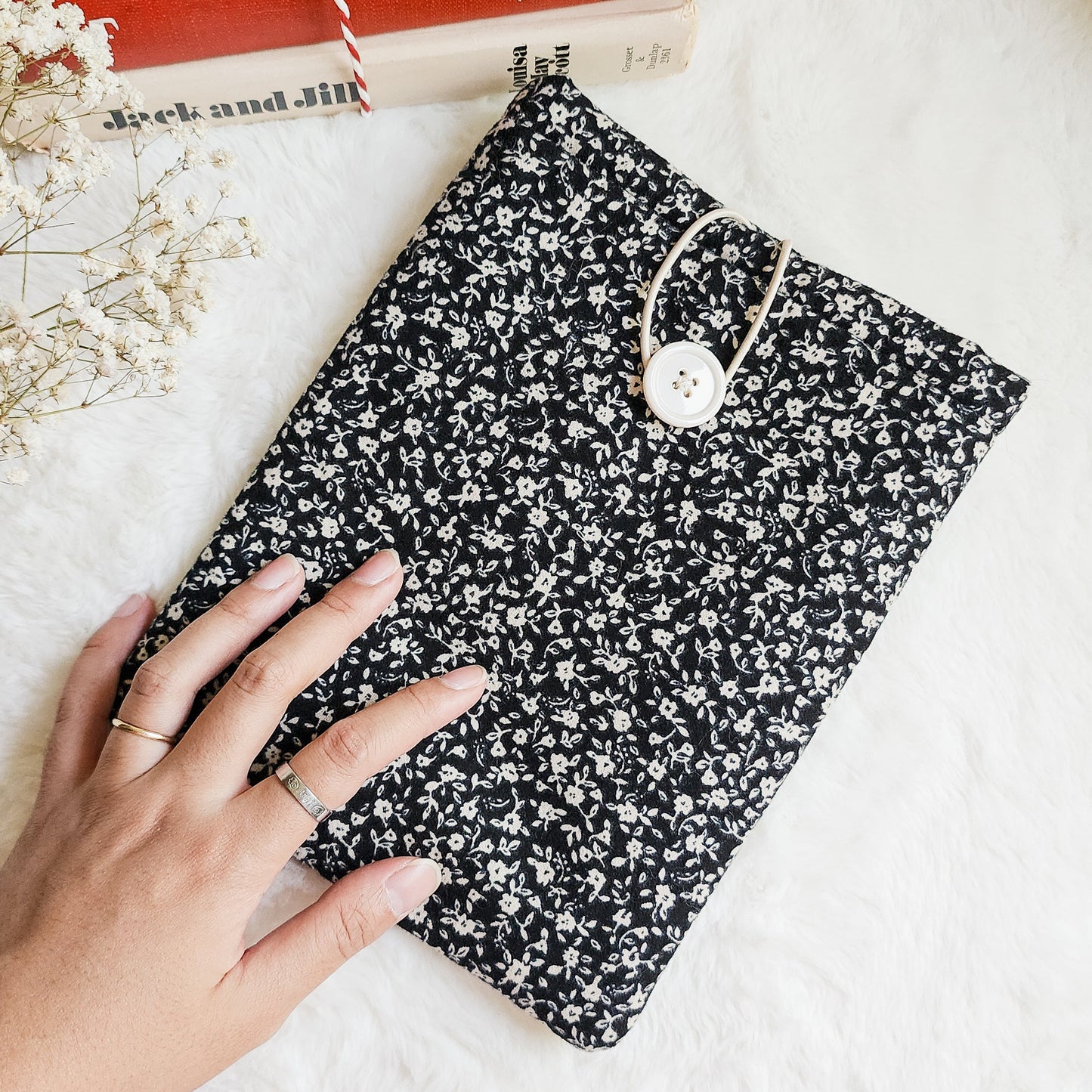 Black Flower Book or Kindle Sleeve with Button - The Bean Workshop - book sleeve, kindle sleeve