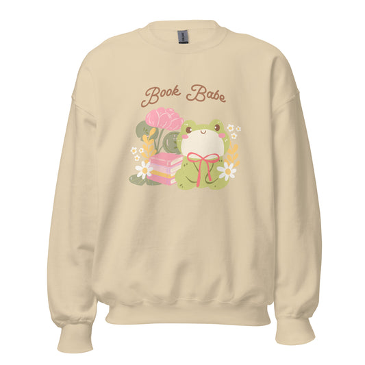 Book Babe Sweatshirt - The Bean Workshop - Autumn Fashion, Book Babe Sweatshirt, Bookish Merch, Bookstagram, Cozy Lifestyle, Frog and Books, Kawaii Aesthetic, Minimalist Design, Pastel Literary Loungewear, Reader Gift, Soft Girl Frog Reading Crewneck, Sweatshirt, The Bean Workshop