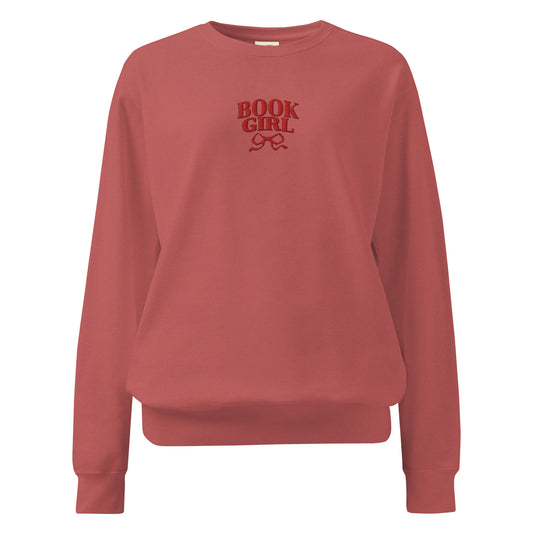 Book Girl Embroidered Heavyweight Sweatshirt - The Bean Workshop - Book Girl Sweatshirt, Book Lover Pullover, Bookish Summer Collection, Chic Bibliophile Loungewear, Cozy Reading Sweater, Red Bow Reader Sweatshirt, sweater, sweatshirt, Women's Literary Sweatshirt.