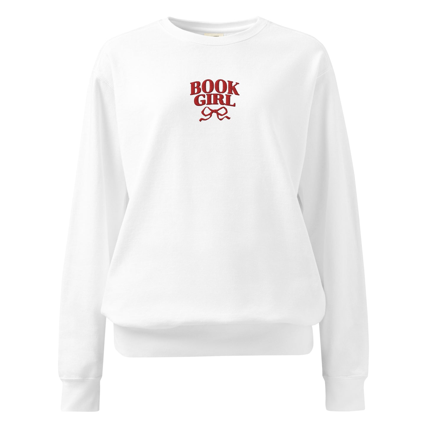 Book Girl Embroidered Heavyweight Sweatshirt - The Bean Workshop - Book Girl Sweatshirt, Book Lover Pullover, Bookish Summer Collection, Chic Bibliophile Loungewear, Cozy Reading Sweater, Red Bow Reader Sweatshirt, sweater, sweatshirt, Women's Literary Sweatshirt.