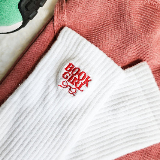 Book Girl Embroidered Socks - The Bean Workshop - Bookish Summer Collection, Cozy Bookworm Socks, Literary Novelty Socks, ook Girl Socks, Reader Socks, Red Bow Book Lover Gift, Women's Reading Socks