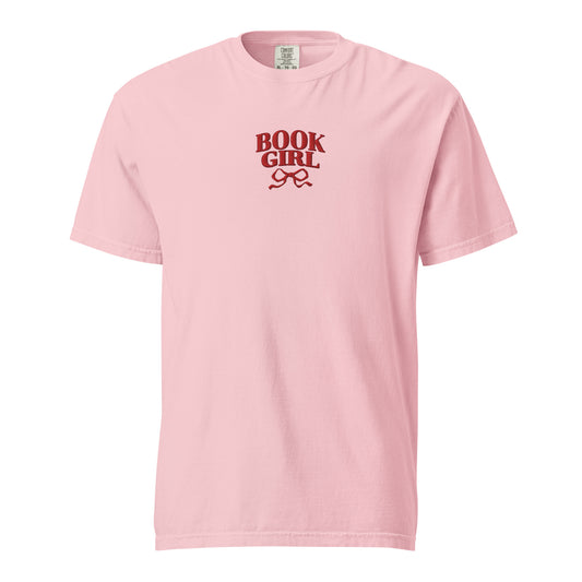 Book Girl Embroidered T-shirt - The Bean Workshop - Book Girl T-shirt, Book Lover Tee, Bookish Summer Collection, Chic Bibliophile Top, Reader Shirt, Red Bow Literary Shirt, t-shirt, tee, Women's Book Tee.