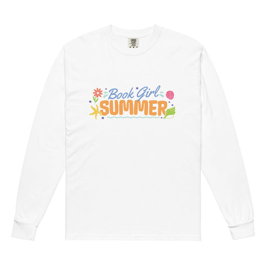 Book Girl Summer Heavyweight Long-sleeve Shirt - The Bean Workshop - Beach Read Top, Bibliophile Pullover, Book Girl Summer Tee, Book Lover Loungewear, Bookish Summer Collection, Bookworm Apparel, Cozy Reading Sweater, Long-sleeve tee, Summer Night Reading., t-shirt, tee