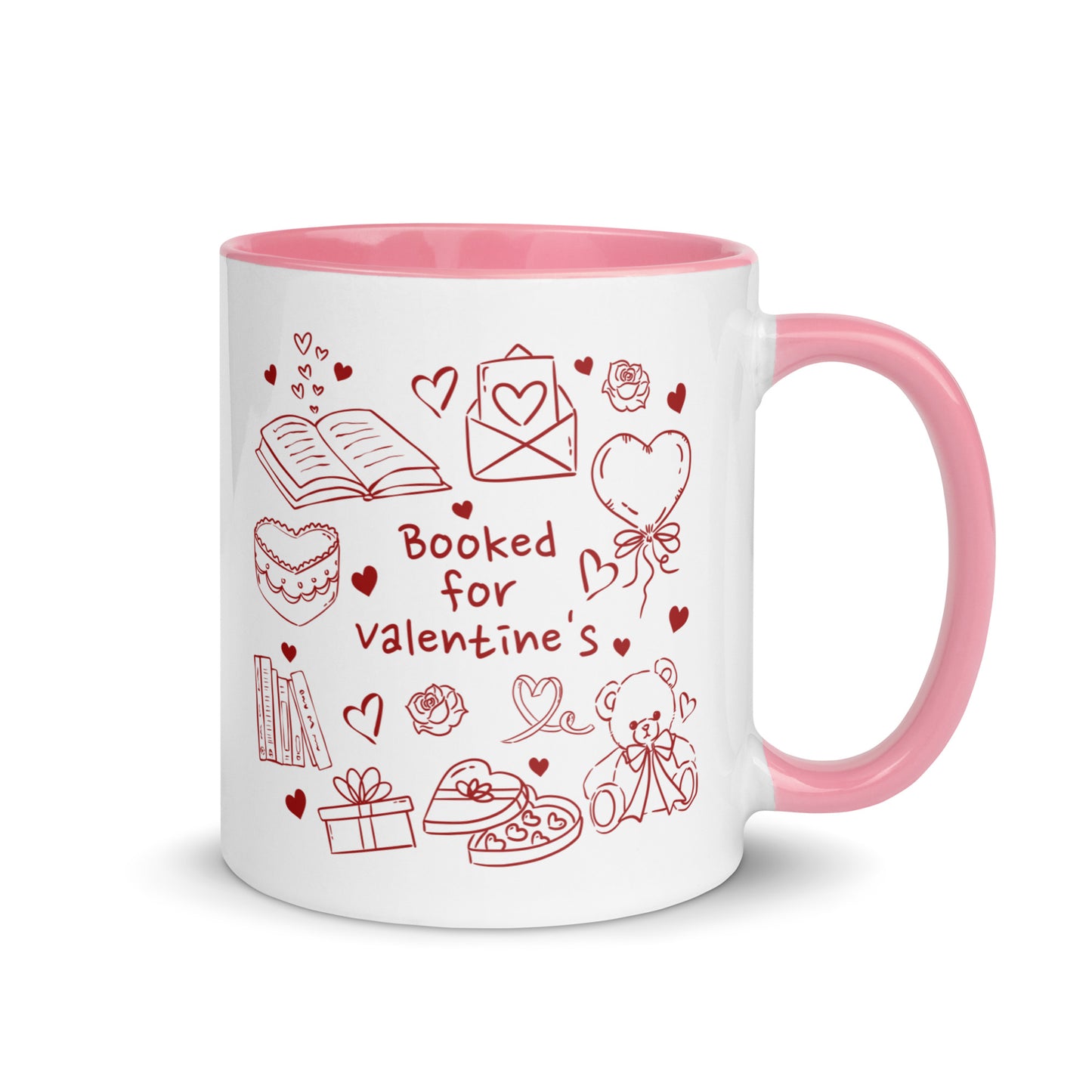 White and pink mug with 'Booked for valentine's' text and bookish Valentine doodles
