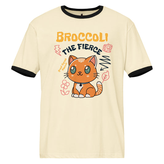 Broccoli the Fierce Ringer T-Shirt - The Bean Workshop - Basgiath War College, Book Lover Gift, Broccoli the Fierce, Chibi Art, Cute Romantasy, Dragon Rider, Empyrean Series, Fantasy Reader., Fourth Wing Merch, Iron Flame Merch, Kawaii, Liam Mairi, Quest Squad Mascot, Rebecca Yarros, t-shirt, Violet Sorrengail, Xaden Riorson