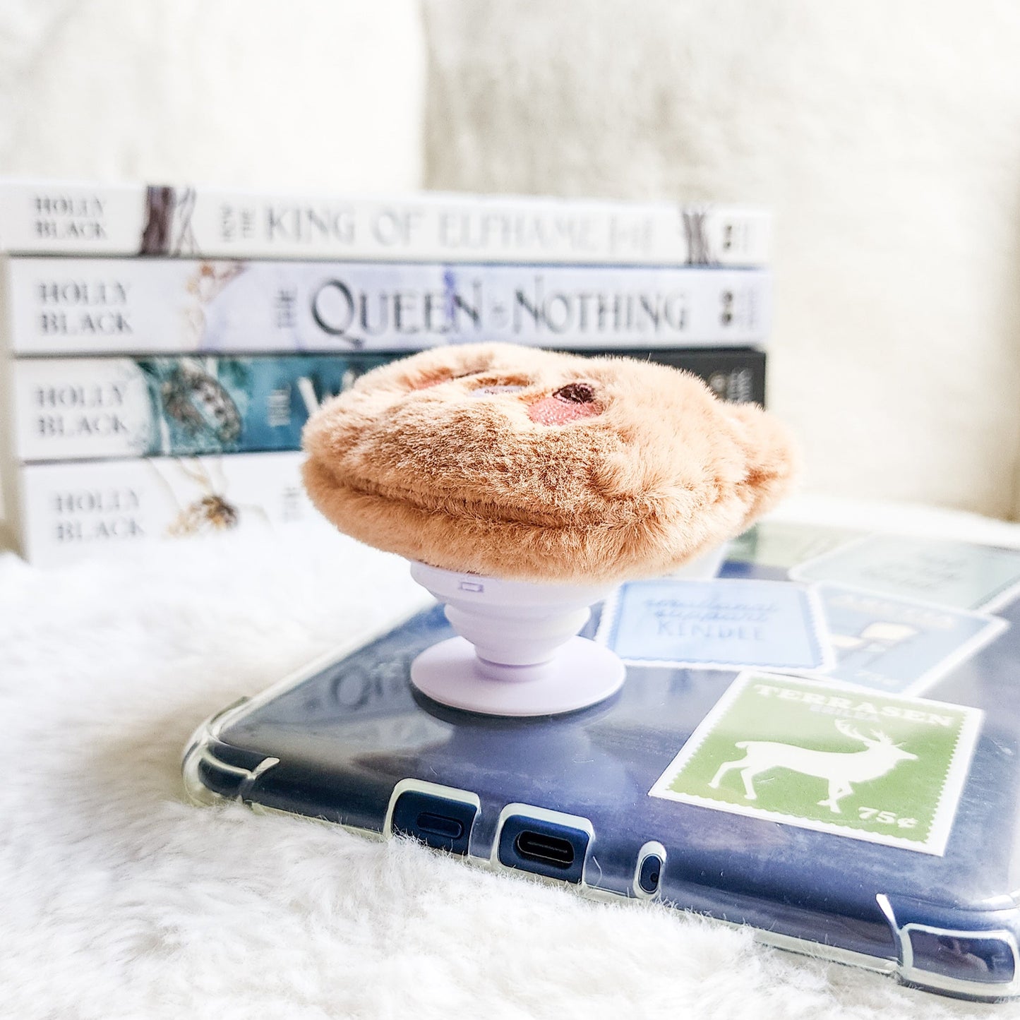 Brown Bear Plush Foldable Adhesive Kindle Grip - The Bean Workshop - kindle grip, reading accessories