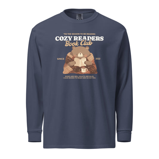 Cozy Readers Book Club Heavyweight Long-sleeve Shirt - The Bean Workshop - Autumn Vibes, Bear Graphic Long Sleeve Tee, Book Club Autumn Long Sleeve, Book Lover, Book Lover Gift, Bookish Accesories, Cozy Aesthetic, Cozy Bear, Cozy Long Sleeve for Readers, Cozy Readers Book Club, Cozy Reading Long Sleeve Shirt, fall, Long Sleeve Shirt, Long Sleeve Tee