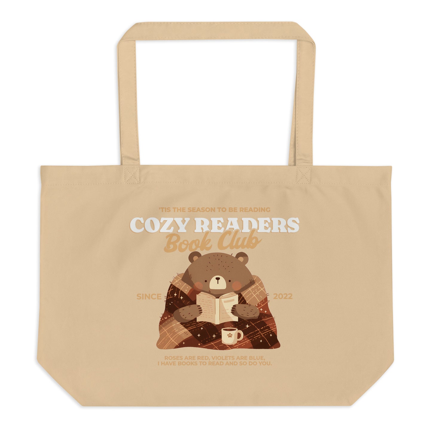 Cozy Readers Book Club Large Organic Cotton Twill Tote Bag - The Bean Workshop - Autumn Vibes, Book Lover, Book Lover Canvas Library Bag, Book Lover Gift, Bookish Accesories, Canvas Tote, Cozy Aesthetic, Cozy Bear, Cozy Reader Bear Tote Bag, Cozy Readers Book Club, Cute Illustrated Book Tote, fall, Fall Reading Market Tote, Tote Bag