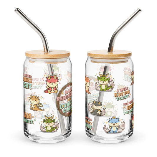 Daily Reminders for Dragon Riders Can-Shaped Glass Mug - The Bean Workshop - dragon riders, fourth wing, glass can, glass mug, mug, rebecca yarros, the empyrean series