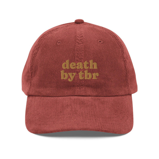 Death by TBR Vintage Corduroy Cap - The Bean Workshop - book lover, bookish, cap, corduroy cap, embroidered, hat, old school, read everyday, reading accessories, vintage