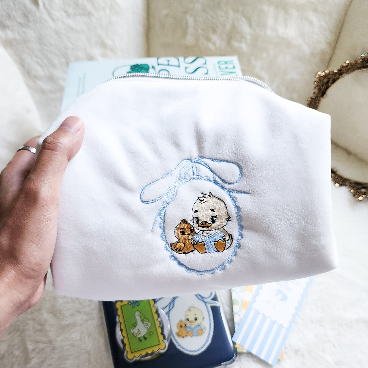 Duck and Chick Book Club Zippered Pouch | Bookish Makeup & Reading Accessories Bag - The Bean Workshop - book club gift, book girlie, bookish gift, bookish pouch, bow, coquette, gift for book lovers, kindle bag, makeup bag, quilted pouch, reading accessories, reading accessories bag, zipper pouch