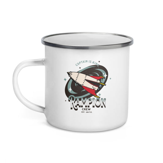 White enamel mug with spaceship and 'Rampion Crew' design, bookish gift for readers