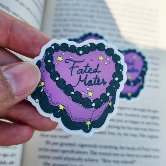 Fated Mates Book Trope Retro Cake Sticker - The Bean Workshop - book lover gift, book trope, book trope sticker, Bookish Accessories, Bookish Gift, bookish sticker, celestial sticker, die cut sticker, fantasy romance sticker, fated mates, kindle sticker, reading sticker, retro cake sticker, romance reader, sticker