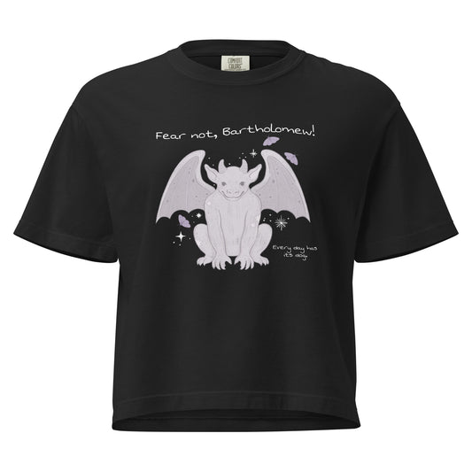 Fear Not Bartholomew Boxy Tee - The Bean Workshop - Bartholomew Winged Creature Print, Boxy Tee, Casual Bookish Fashion, Cute Character Illustration, Fandom Boxy T-Shirt, Fear Not Bartholomew Boxy Tee Shepherd King Fan, Gift for Fantasy Readers, Lavender Grey Design, Oversized Bookish T-Shirt for Fantasy Readers, Oversized Fandom Tee, Rachel Gillig, The Knight and the Moth, Whimsical Fantasy Aesthetic