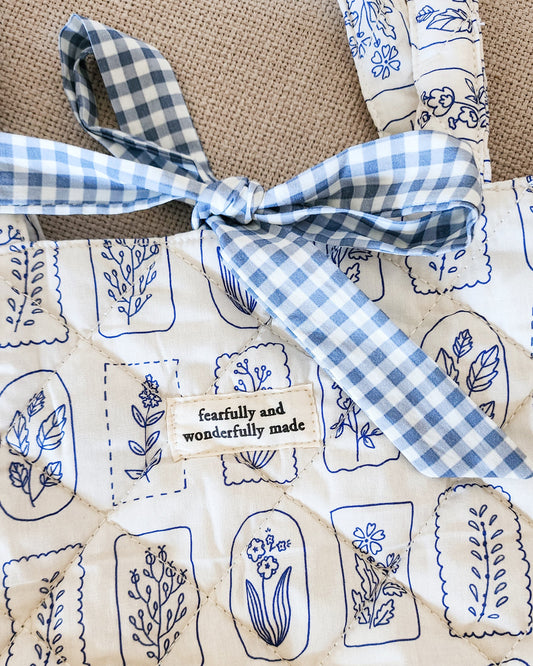 Fearfully and Wonderfully Made Cotton Quilted Tote Bag - The Bean Workshop - bible cover, bible tote, book sleeve, Christian Gifts, christian tote bag, Christian Women, Church Bag, Cotton Quilted Tote, Faith Inspired, faith tote, fearfully and wonderfully made, gift for women, Handmade, large tote bag, psalm 139, psalm bag, quilted tote, Ready to ship, Reversible Bag, Study Bible