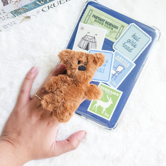 Fluffy Bear Plush Foldable Adhesive Kindle Grip - The Bean Workshop - kindle grip, reading accessories