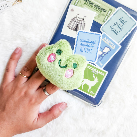 Fluffy Frog Plush Foldable Adhesive Kindle Grip - The Bean Workshop - kindle grip, reading accessories