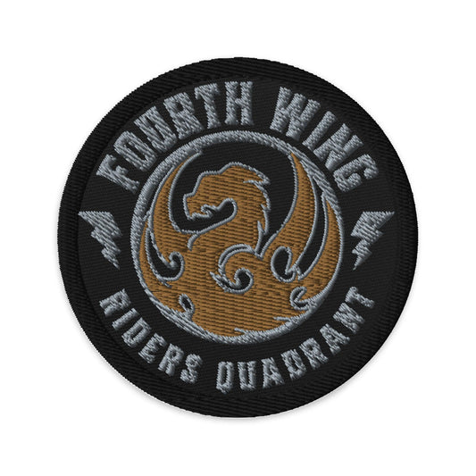 Fourth Wing Embroidered Patch - The Bean Workshop - Black Gold Silver Dragon Seal Embroidery, Bookish Fandom Collectible, Coiled Dragon Lightning Illustration, Dark Academia Aesthetic, Dragon Rider Fandom Iron-On Circular Patch Fantasy Book Lover, embroidered, Embroidered Patch, Fandom Collegiate Badge Style, fourth wing, Fourth Wing Fandom, Fourth Wing Riders Quadrant Embroidered Patch Empyrean Fan Gift, Jacket Backpack Customization Accessory, Navarre Riders Quadrant Patch, patch, rebecca yarros