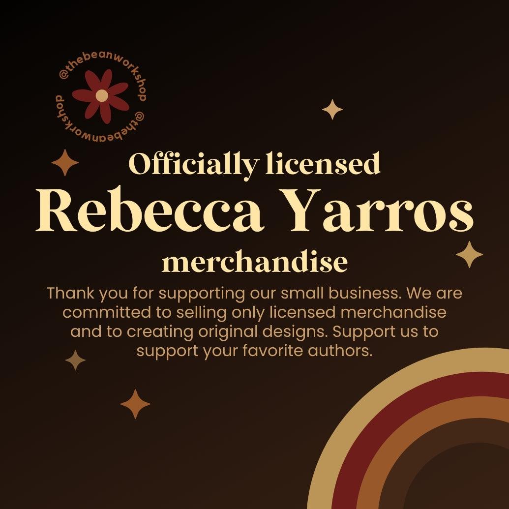 Officially licensed Rebecca Yarros merchandise announcement with retro graphic design elements.