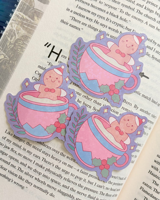 Gingerbread Man In A Cup Holographic Sticker - The Bean Workshop - book lover gift, Bookish Christmas, bookish gift, bookish sticker, Bookworm Christmas, christmas, Christmas Gift, Christmas sticker, Cozy Christmas, die cut sticker, gingerbread sticker, holiday sticker, holographic sticker, reader gift, Secret Santa gift, sticker, vinyl sticker