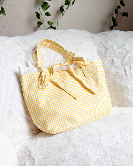 Gingham Reader Tote Bag with Lace Details and Bow Knot - The Bean Workshop - Bible bag, book lover gift, book tote, bookish gift, Christian gift, church bag, cottagecore, gift for her, gingham, lace, reader gift, tote bag