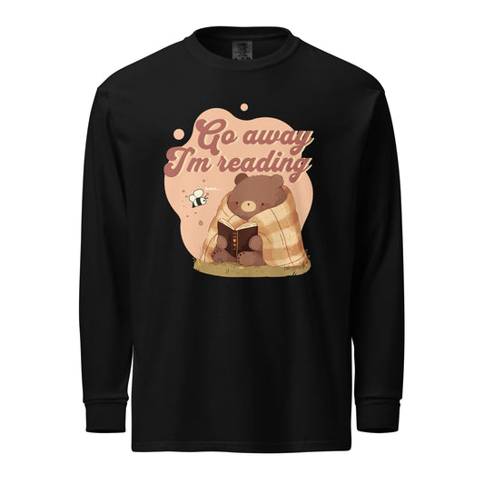 Go Away I'm Reading Heavyweight Long Sleeve Shirt - The Bean Workshop - Autumn Vibes, Bookish Apparel, Bumble Bee., Cozycore, fall, Fall Layering, Funny Bookworm Autumn Shirt, Go Away I'm Reading, Graphic Long Sleeve, Introvert Reader Graphic Top, Long Sleeve Tee, Loungewear, Reading Bear, Sassy Quote