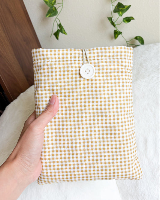 Golden Gingham Book Sleeve & Kindle Sleeve with Button Closure - The Bean Workshop - book sleeve, bookish gift, cottagecore, cotton book sleeve, ereader sleeve, gingham, gingham book sleeve, kindle sleeve, olive book sleeve, reader gift