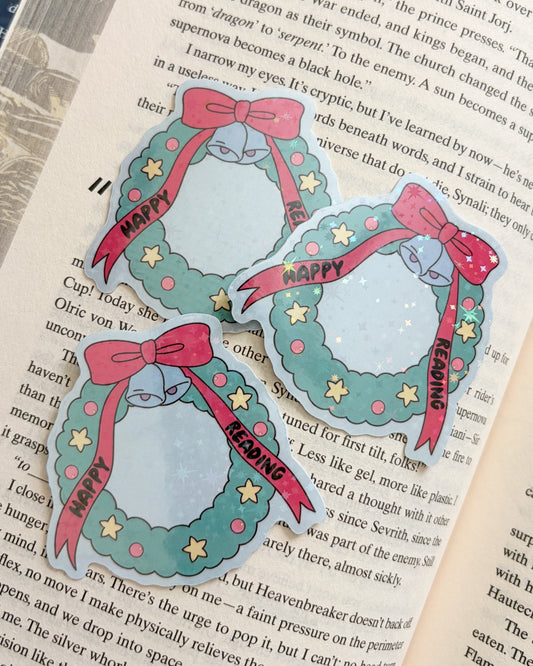 Happy Reading Christmas Wreath Holographic Sticker - The Bean Workshop - book lover gift, Bookish Christmas, bookish gift, bookish sticker, Bookworm Christmas, christmas, Christmas Gift, Christmas sticker, die cut sticker, holiday sticker, holographic sticker, reader gift, sticker, vinyl sticker