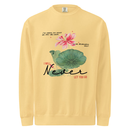 I Will Never Let You Go Heavyweight Sweatshirt - The Bean Workshop - Book lover gift idea, Bookish aesthetic, Celestial Kingdom, Enemies to lovers merch, Immortal, Immortal quote shirt, Sue Lynn Tan, sweater, sweatshirt, Watercolor lotus, Zhangwei and Liyen