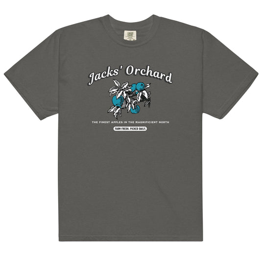Jacks' Orchard Tee Shirt - The Bean Workshop - Blue Apple Design, Casual Wear, Cotton Graphic Tee, evangeline fox, Fandom Apparel, Jacks Fan T-Shirt, jacks prince of hearts, once upon a broken heart, ouabh, Prince of Hearts, retro, Retro Typography, stephanie garber, Summer Bookish Fashion, t-shirt, The Magnificent North, Vintage Farm Aesthetic