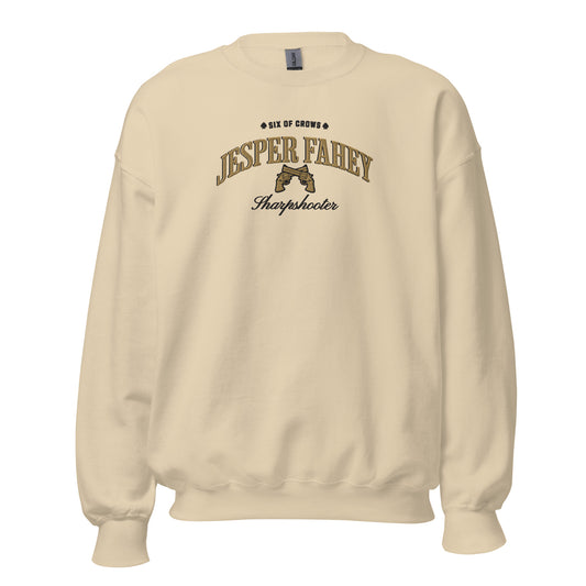 Jesper Fahey Embroidered Sweatshirt - The Bean Workshop - Book Lover Gift, Bookish Sweatshirt, Fantasy Gunslinger, Grishaverse clothing, Jesper Fahey embroidered sweatshirt, Ketterdam, Leigh Bardugo fan apparel for readers, LGBTQ Character, Revolver Embroidery, Six of Crows sharpshooter merch, The Dregs, Wesper, Zemeni