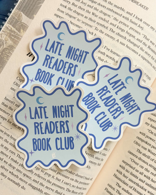 Late Night Readers Book Club Sticker - The Bean Workshop - book club sticker, book lover gift, book lover sticker, book trope, Bookish Gift, bookish sticker, die cut sticker, funny bookish sticker, night owl sticker, reader sticker, sticker, vinyl sticker