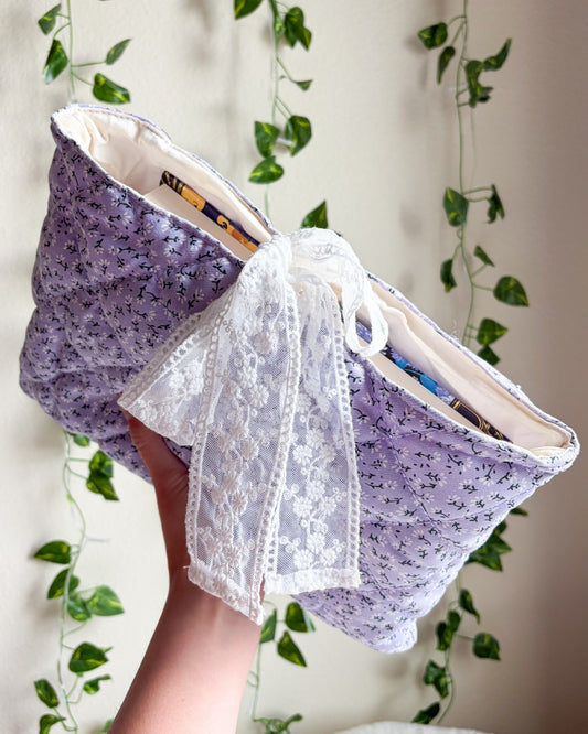 Lavender Quilted Book Sleeve with Lace Ribbon | Bible, Hardcover & Laptop Sleeve - The Bean Workshop - Bible cover, Bible sleeve, book girlie, book sleeve, bookish, bookish gifts, Christian gifts, church bag, coquette, cottagecore, dreamy, floral, floral book sleeve, flower, gift for book lovers, gift for women, girl summer, lace, lavender, lavender book sleeve, purple, quilted, reading accessories, soft girl, study Bible cover, study Bible sleeve