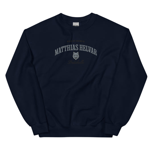 Matthias Helvar Embroidered Sweatshirt - The Bean Workshop - Book Lover Gift, Bookish Sweatshirt, Bookworm Gift, Character Apparel, Fantasy Warrior, Fjerda, Fjerdan wolf design, Grishaverse, Helnik, Leigh Bardugo fan apparel for readers, Matthias Helvar embroidered sweatshirt, Six of Crows Drüskelle merch, The Dregs