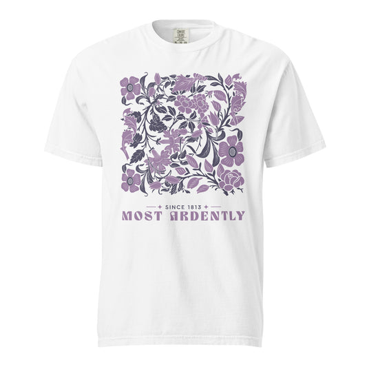 Most Ardently T-shirt - The Bean Workshop - Austenites, Bookstore Visit, Coquette, Cottagecore, Jane Austen, Most Ardently Floral T-shirt for Her, Pride and Prejudice, Purple Botanical, Romantic Literary Gift for Readers, Since 1813, Summer Outing, T-shirt, Vintage Linework