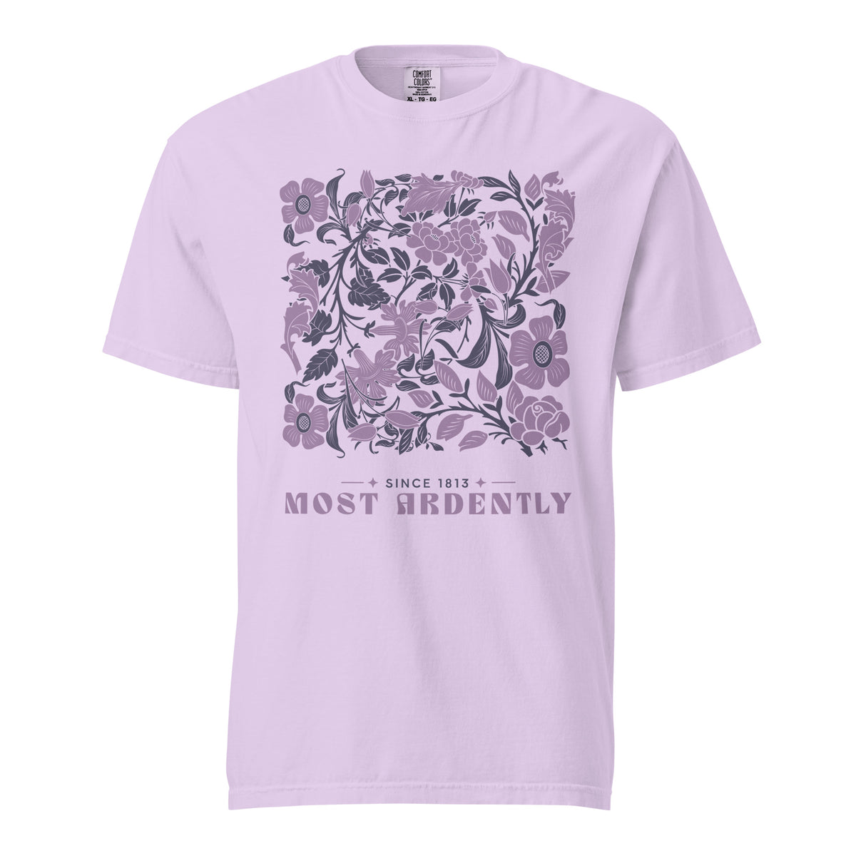 Most Ardently T-shirt - The Bean Workshop - Austenites, Bookstore Visit, Coquette, Cottagecore, Jane Austen, Most Ardently Floral T-shirt for Her, Pride and Prejudice, Purple Botanical, Romantic Literary Gift for Readers, Since 1813, Summer Outing, T-shirt, Vintage Linework