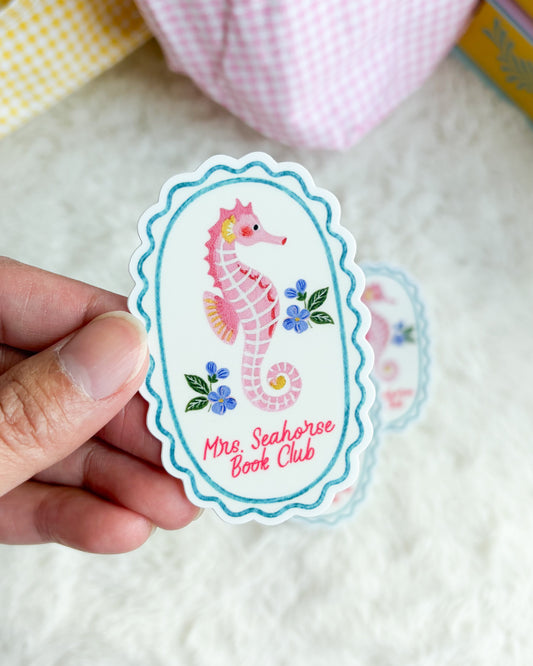 Mrs. Seahorse Book Club Sticker - The Bean Workshop - book club sticker, bookish sticker, cottagecore, die cut sticker, e-reader sticker, kindle sticker, seahorse sticker, waterproof sticker