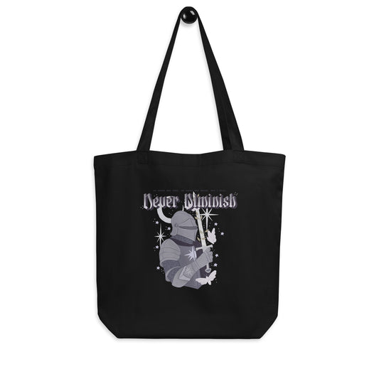 Never Diminish Organic Cotton Twill Tote Bag - The Bean Workshop - Bookish Tote Bag for Fantasy Readers, Dark Academia Aesthetic, Eco Tote Bag, Empowerment Quote Tote, Fandom Tote Bag, Gift for Fantasy Readers, Gothic Fantasy, Gothic Lettering Design, Greyscale Knight Illustration, Never Diminish Eco Tote Bag Shepherd King Fan, Rachel Gillig, Sustainable Bookish Bag, The Knight and the Moth