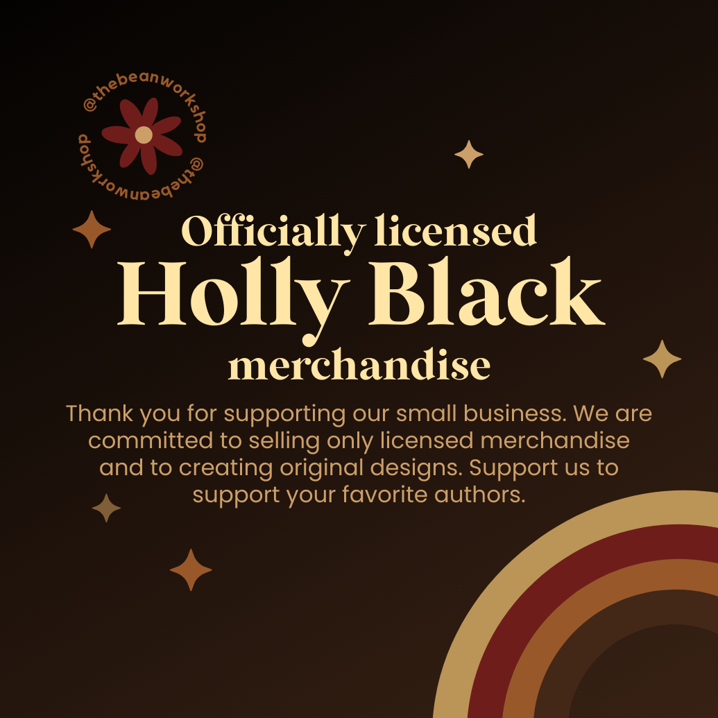 Officially licensed Holly Black merchandise announcement on brown background with retro rainbow and stars.