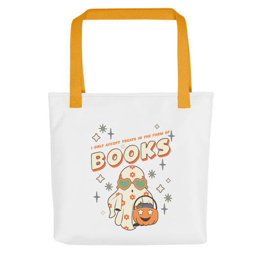 Only Accept Books Tote Bag - The Bean Workshop - book lover tote, bookish tote, bookstore bag, bookworm bag, canvas tote, Frankenstein tote, Halloween tote bag, library tote, literary tote, reading bag, reusable shopping bag, spooky season accessory, unique gift for readers
