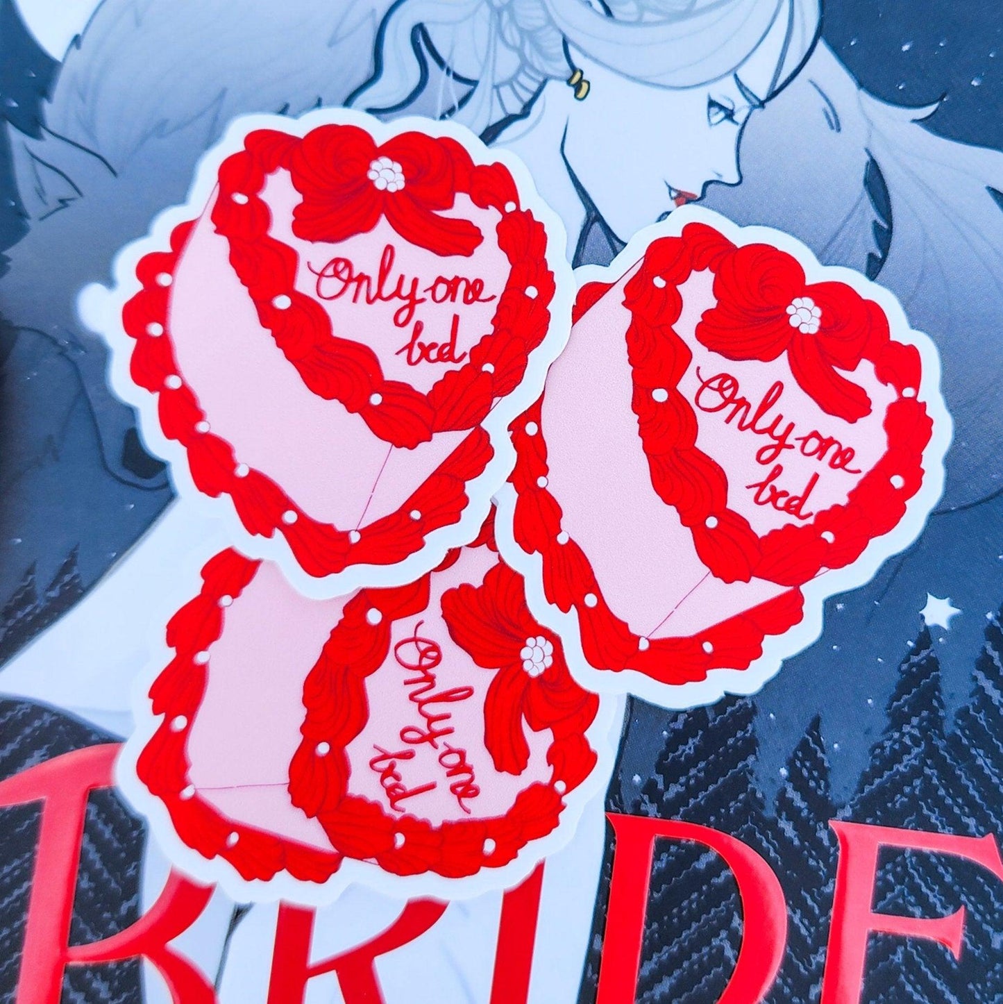 Only One Bed Book Trope Retro Cake Sticker - The Bean Workshop - book trope, sticker