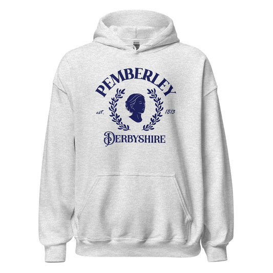 Pemberley Hoodie - The Bean Workshop - Austenites, Book Club Meeting, Cozy Night In, Dark Academia, Hoodie, Jane Austen, Laurel Wreath, Navy Graphic, Old Money, Pemberley Estate Oversized Hoodie, Pride and Prejudice, Varsity Style, Winter Reading Gear for Bookworms
