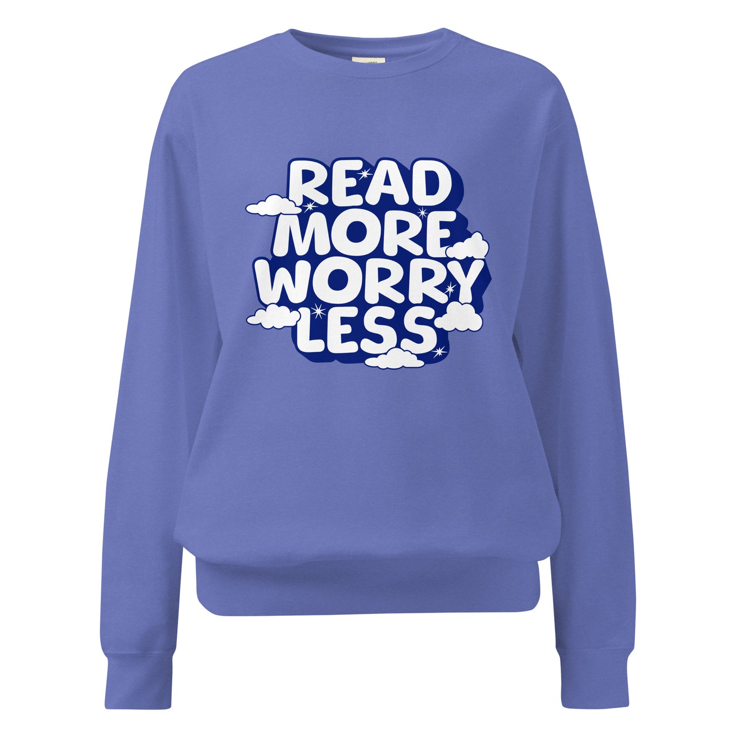 Read More Worry Less Heavyweight Sweatshirt - The Bean Workshop - Anxiety Relief Loungewear, Book Lover Hoodie, Bookish Summer Collection, Calm Bibliophile Pullover, Cozy Reading Sweater, Read More Worry Less Sweatshirt, sweater, sweatshirt, Whimsical Book Sweatshirt.