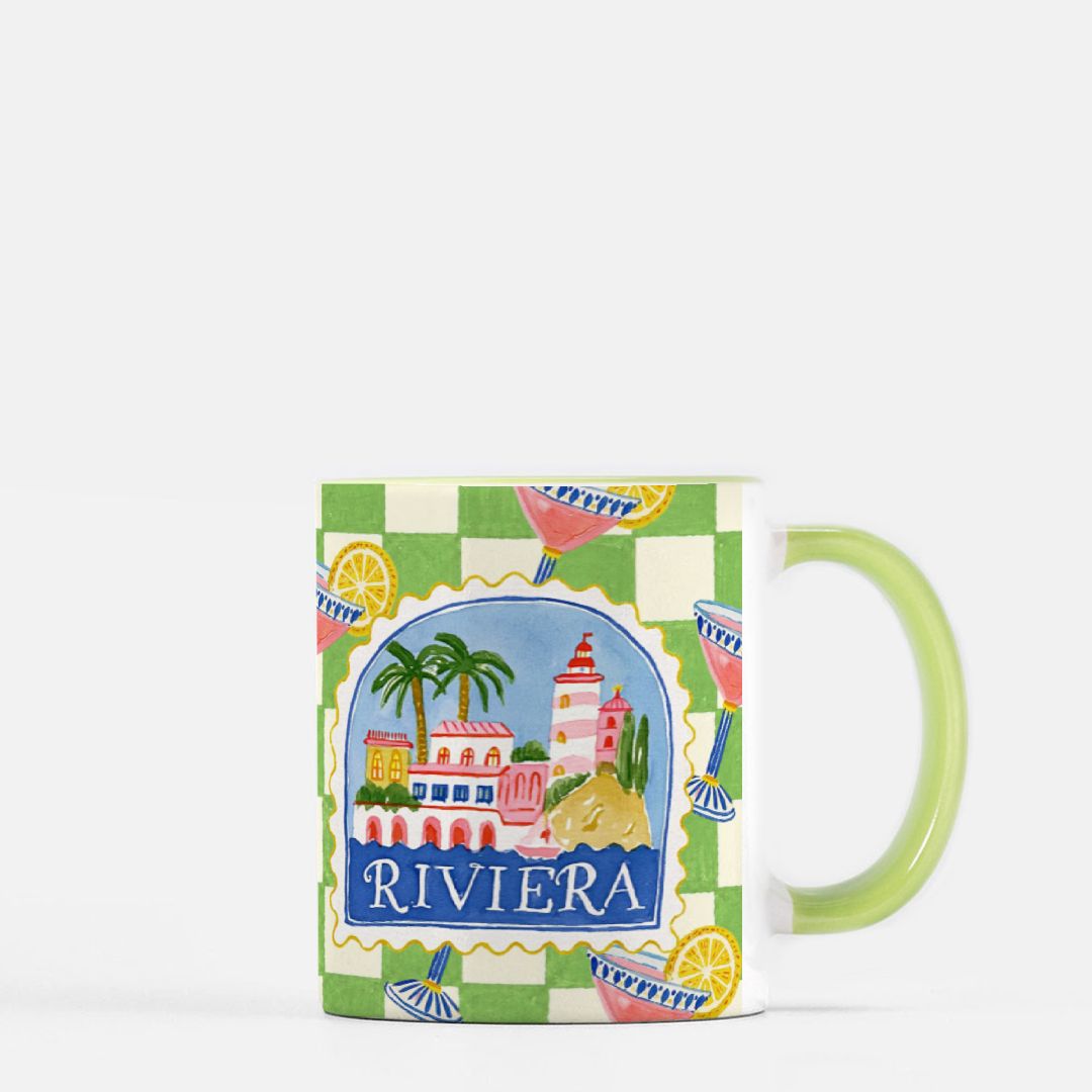 Riviera Green Checkered Ceramic Mug - The Bean Workshop - aesthetic mug, bookish gifts, bookish mug, ceramic mug, checkered mug, coastal grandmother, cocktail illustration, coffee mug, cottagecore, desk accessories, French Riviera, gifts for her, green handle mug, green mug, lighthouse, mug, palm tree, preppy, reader gifts, Riviera mug, tea mug