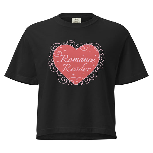 Romance Reader Heavyweight Boxy Tee - The Bean Workshop - Book Club, Bookish Apparel, Boxy Tee, Coquette Bookworm Shirt, Cute, Galentine's Day, Gift for Her, Graphic Tee, Heart Design, Romance Reader T-Shirt, Romantic, Spicy Books, Valentine's Day Tee for Book Lovers