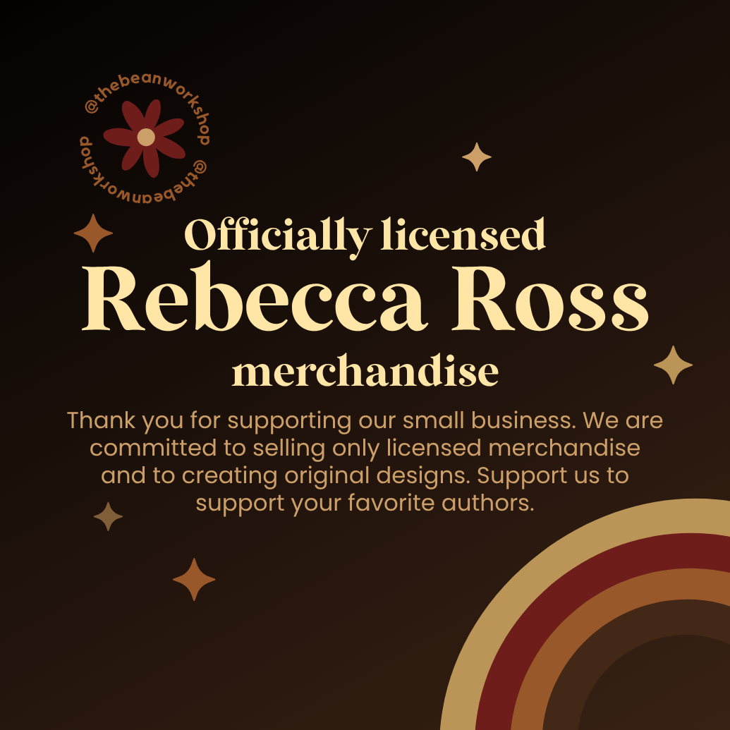 Officially licensed Rebecca Ross merchandise announcement with retro rainbow and stars on brown background