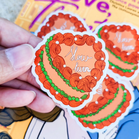 Slow Burn Book Trope Retro Cake Sticker - The Bean Workshop - book lover gift, book trope, book trope sticker, Bookish Accessories, Bookish Gift, bookish sticker, die cut sticker, kindle sticker, reading sticker, retro cake sticker, romance reader, slow burn, sticker